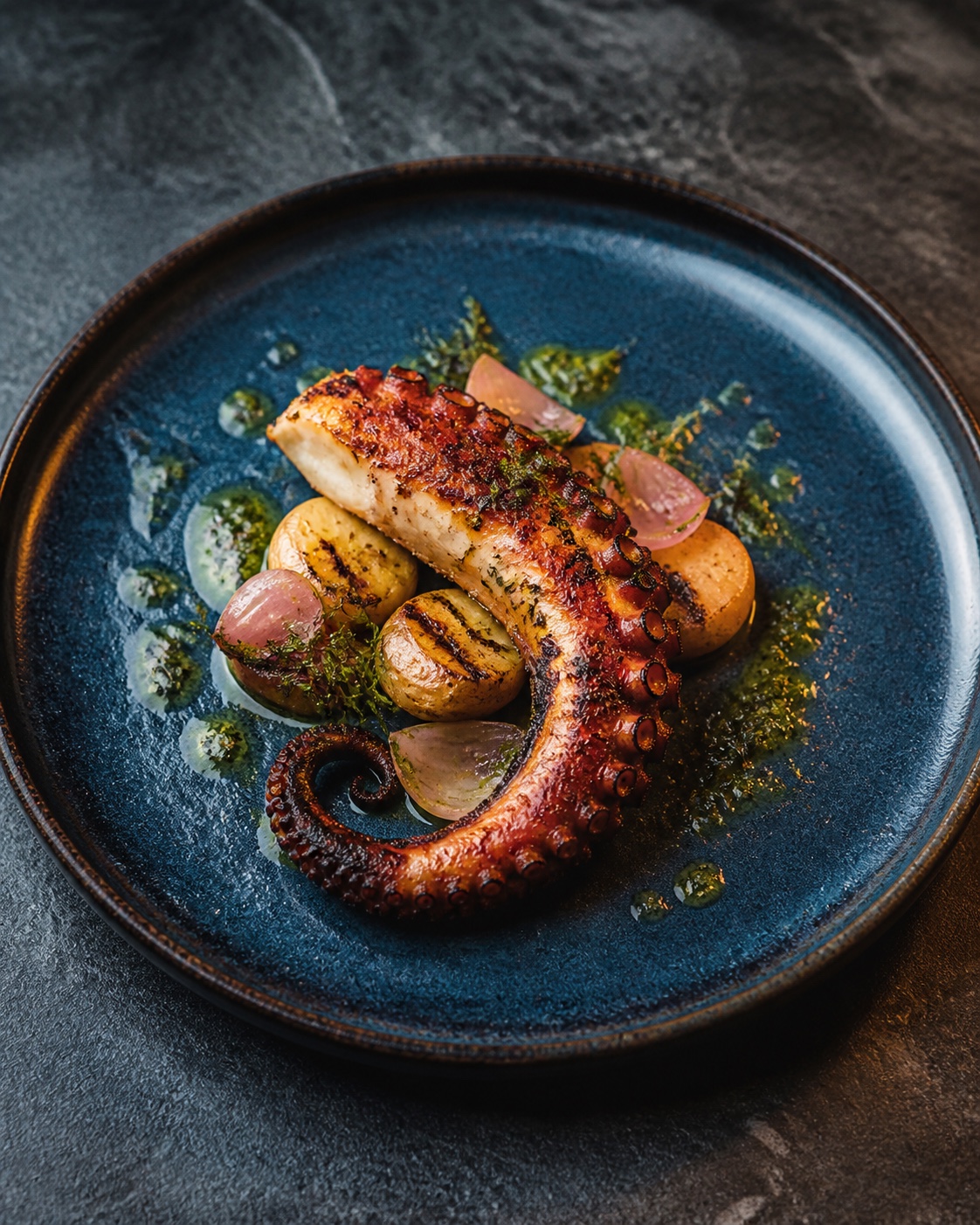 Charred octopus tentacle with smoked potato and parsley oil