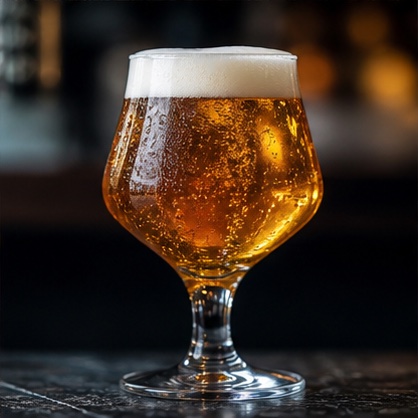 Craft amber beer with a creamy head in a stemmed glass