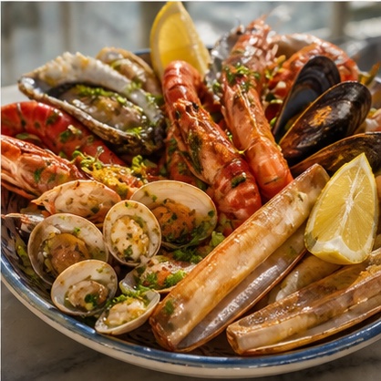 Shared platter of prawns, mussels, clams, razor clams, and lemon