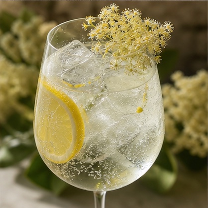 Elderflower spritz with clear ice, lemon, and fresh blossoms