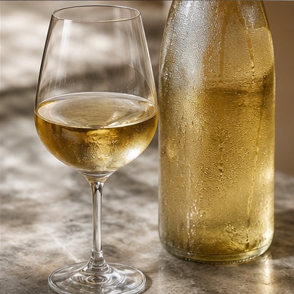 Chilled white wine in a stemmed glass beside a condensation-covered bottle