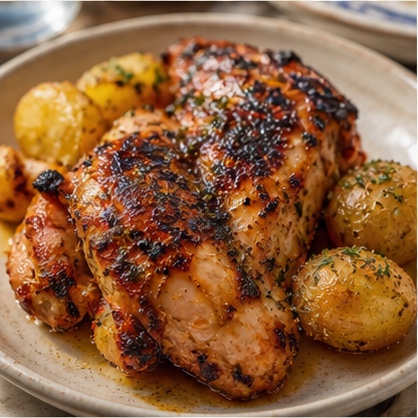 Charred piri-piri chicken with roasted new potatoes