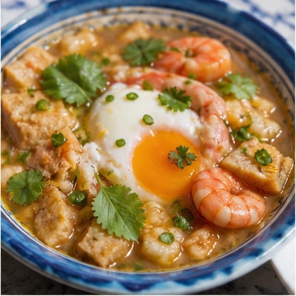 Portuguese prawn bread stew with coriander and a soft egg