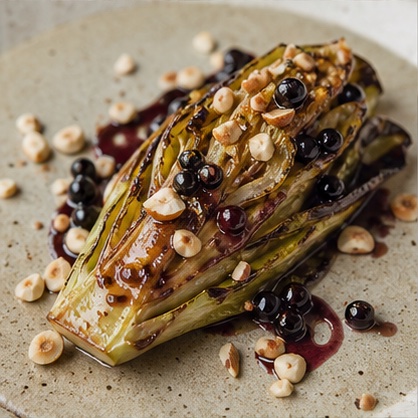 Roasted pointed cabbage with hazelnut and blackcurrant glaze