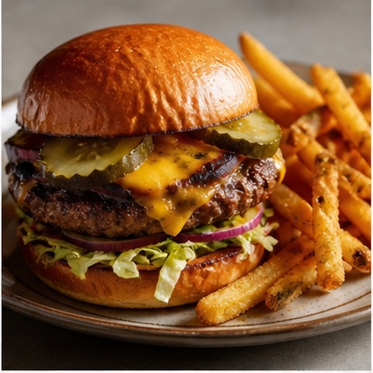 Double smash burger with pickles and crisp fries